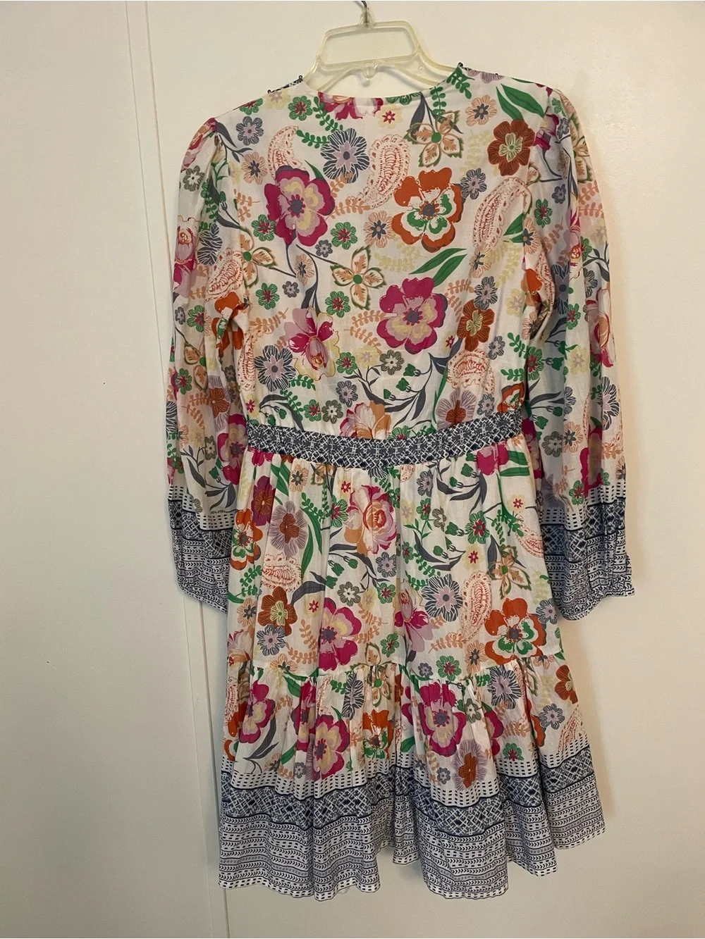 Kaktus Boho Floral Tiered Womens Dress with Blue Trim Size M V Neck Cottagecore - Picture 7 of 12